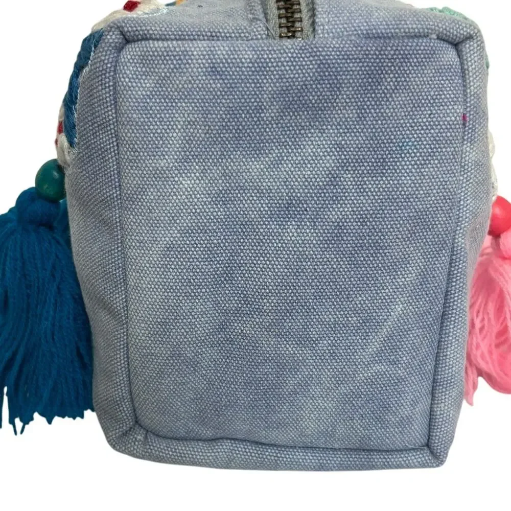 Raj LA Light Denim Blue Canvas Embroidered Tasseled Butterfly Cosmetic Bag NEW